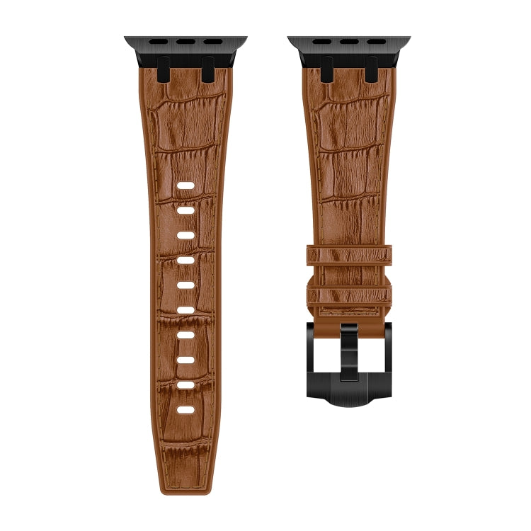 For Apple Watch SE 44mm Crocodile Texture Liquid Silicone Watch Band(Black Yellow Brown)