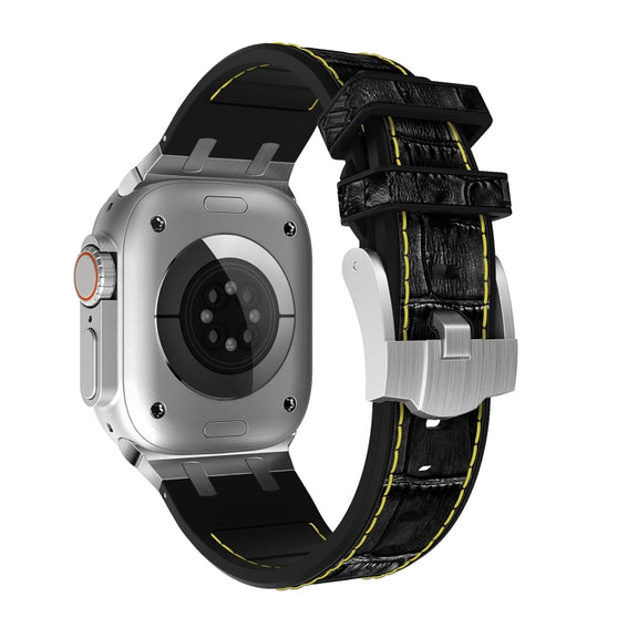 For Apple Watch Series 3 42mm Crocodile Texture Liquid Silicone Watch Band(Silver Yellow Black)