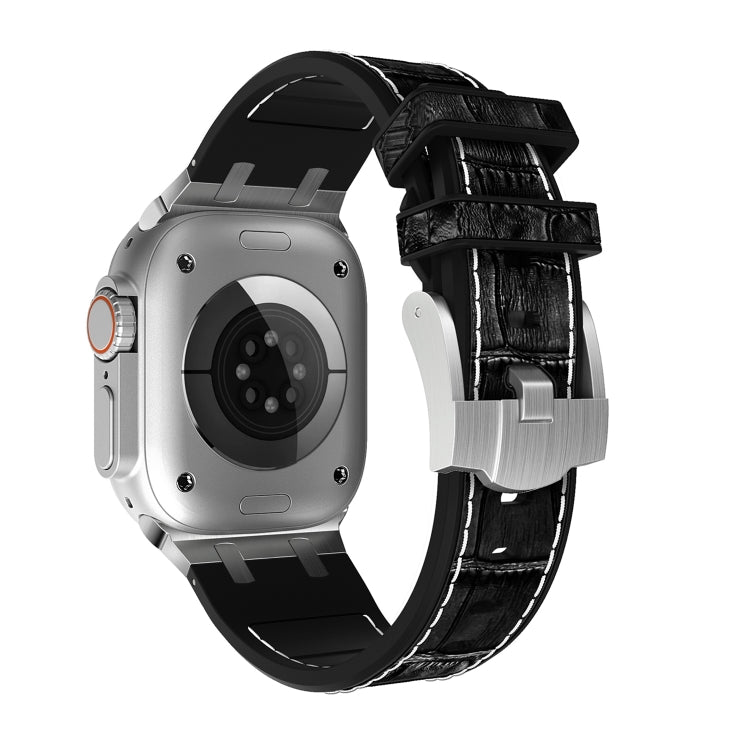 For Apple Watch 42mm Crocodile Texture Liquid Silicone Watch Band(Silver White Black)
