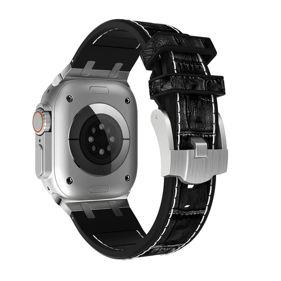 For Apple Watch 42mm Crocodile Texture Liquid Silicone Watch Band(Silver White Black)