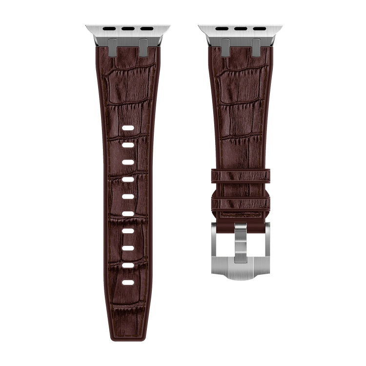 For Apple Watch 42mm Crocodile Texture Liquid Silicone Watch Band(Silver Dark Brown)