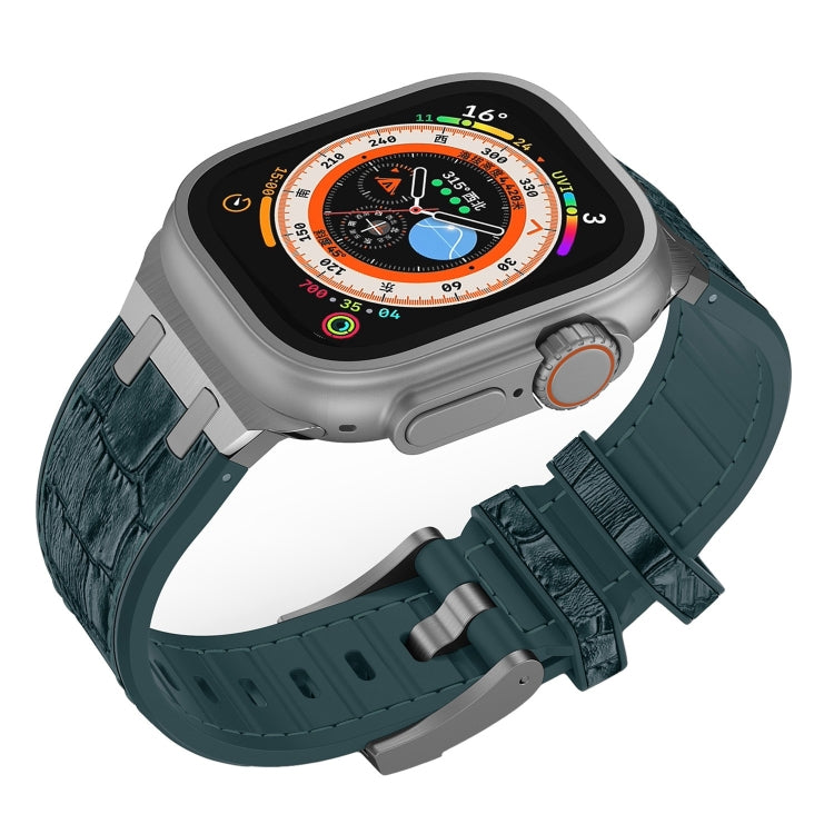 For Apple Watch 38mm Crocodile Texture Liquid Silicone Watch Band(Silver Deep Green)