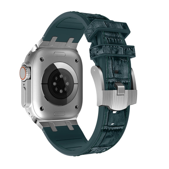 For Apple Watch 38mm Crocodile Texture Liquid Silicone Watch Band(Silver Deep Green)