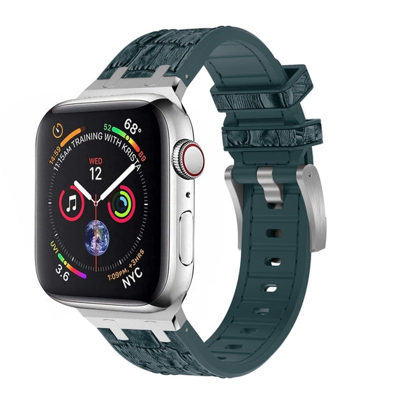 For Apple Watch 38mm Crocodile Texture Liquid Silicone Watch Band(Silver Deep Green)