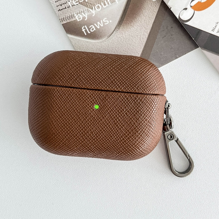 For AirPods Pro 2 Cross Texture PU Leather Bluetooth Earphone Protective Case(Brown)