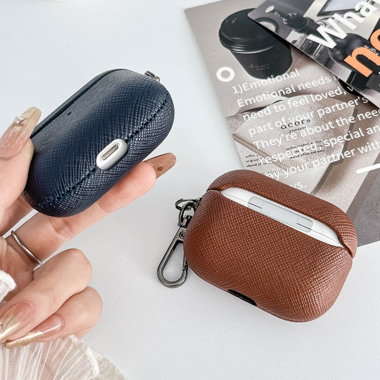 For AirPods 3 Cross Texture PU Leather Bluetooth Earphone Protective Case(Dark Blue)