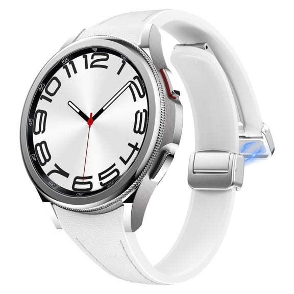 For Samsung Galaxy Watch 6 Slim Magnetic Silver Buckle Leather Silicone Watch Band(White)