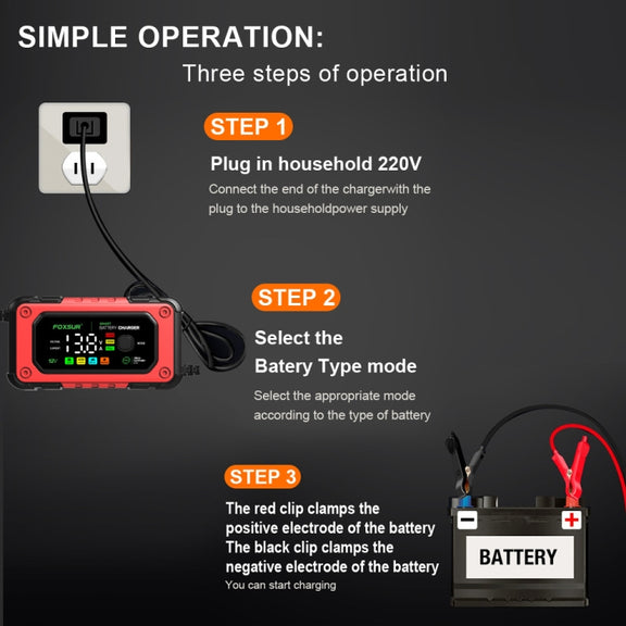 FOXSUR 7A 12V Car / Motorcycle Smart Battery Charger, Plug Type:US Plug(Red)