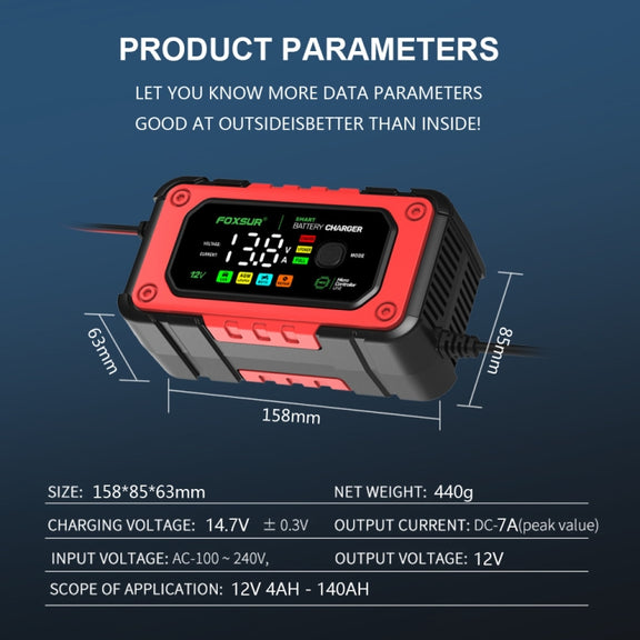 FOXSUR 7A 12V Car / Motorcycle Smart Battery Charger, Plug Type:US Plug(Red)