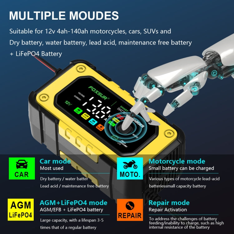 FOXSUR 7A 12V Car / Motorcycle Smart Battery Charger, Plug Type:UK Plug(Yellow)
