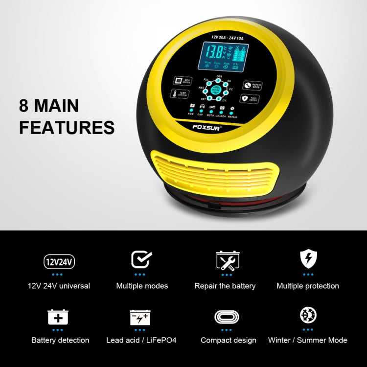 FOXSUR 20A 12V 24V Car / Motorcycle Smart Battery Charger, Plug Type:US Plug(Yellow)