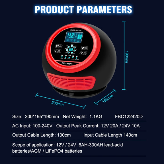 FOXSUR 20A 12V 24V Car / Motorcycle Smart Battery Charger, Plug Type:UK Plug(Red)