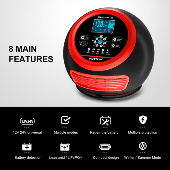 FOXSUR 20A 12V 24V Car / Motorcycle Smart Battery Charger, Plug Type:UK Plug(Red)