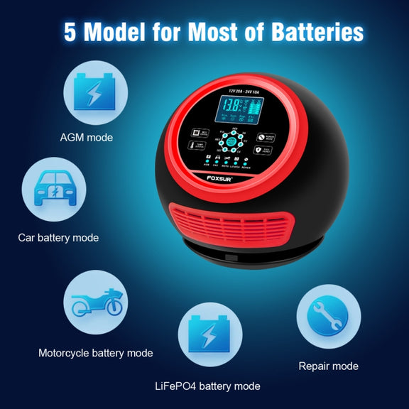 FOXSUR 20A 12V 24V Car / Motorcycle Smart Battery Charger, Plug Type:UK Plug(Red)