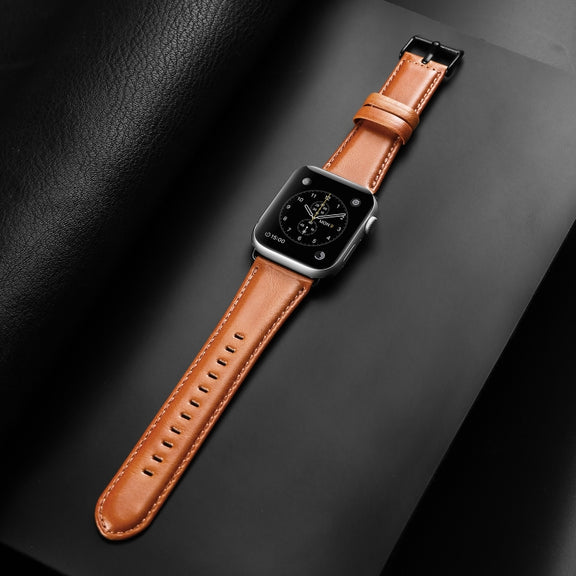 For Apple Watch SE 2022 40mm DUX DUCIS Business Genuine Leather Watch Strap(Khaki)