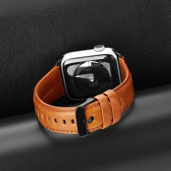 For Apple Watch Series 7 41mm DUX DUCIS Business Genuine Leather Watch Strap(Khaki)