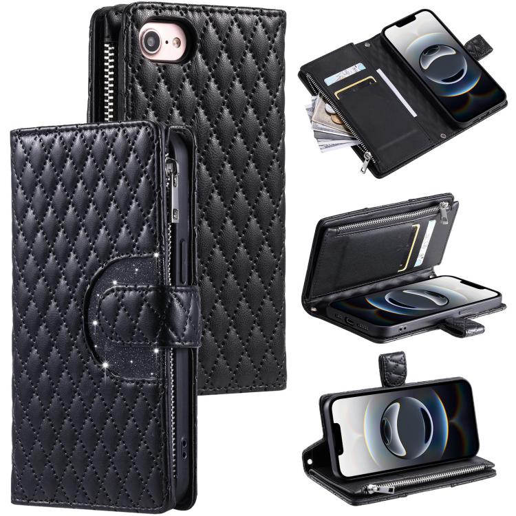 For iPhone 16e Glitter Lattice Zipper Wallet Leather Phone Case(Black)