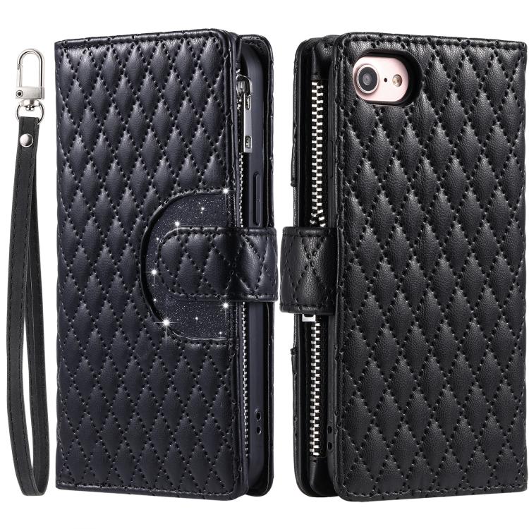 For iPhone 16e Glitter Lattice Zipper Wallet Leather Phone Case(Black)