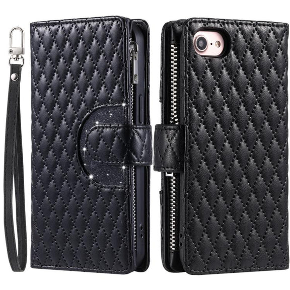 For iPhone 16e Glitter Lattice Zipper Wallet Leather Phone Case(Black)
