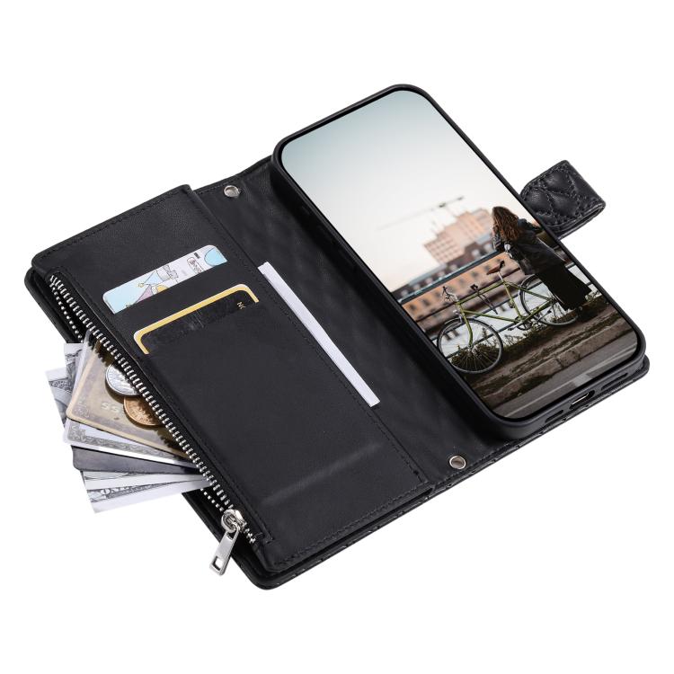 For iPhone 16e Glitter Lattice Zipper Wallet Leather Phone Case(Black)