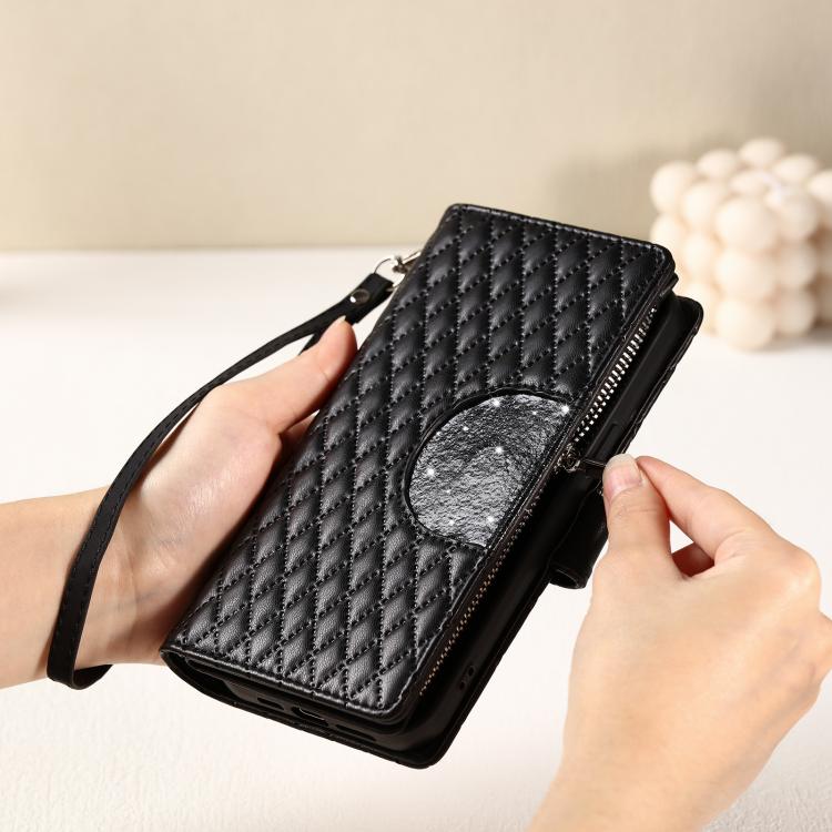 For iPhone 16e Glitter Lattice Zipper Wallet Leather Phone Case(Black)