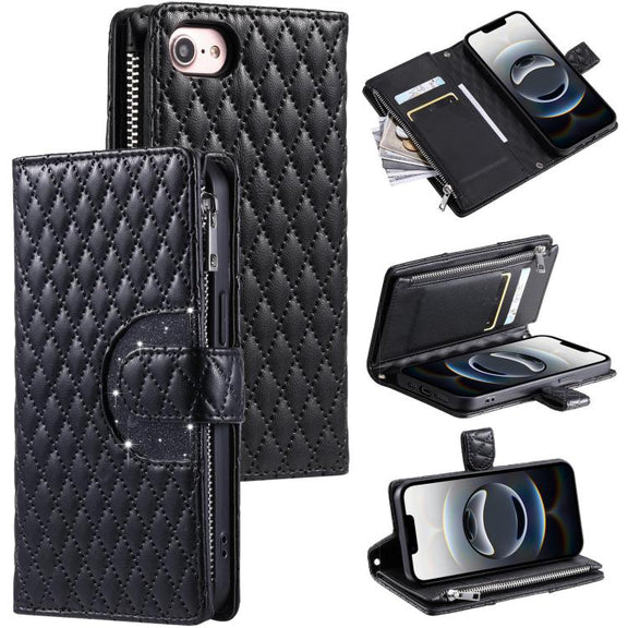 For iPhone 16e Glitter Lattice Zipper Wallet Leather Phone Case(Black)