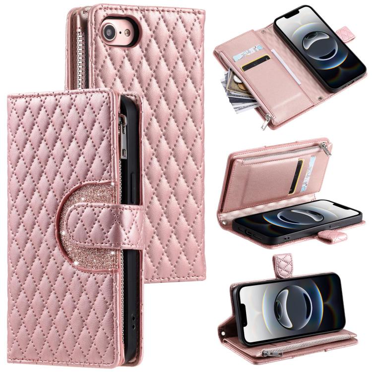 For iPhone 16e Glitter Lattice Zipper Wallet Leather Phone Case(Rose Gold)