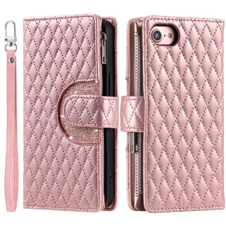 For iPhone 16e Glitter Lattice Zipper Wallet Leather Phone Case(Rose Gold)