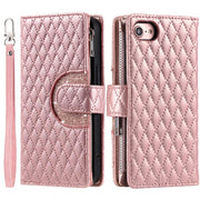 For iPhone 16e Glitter Lattice Zipper Wallet Leather Phone Case(Rose Gold)