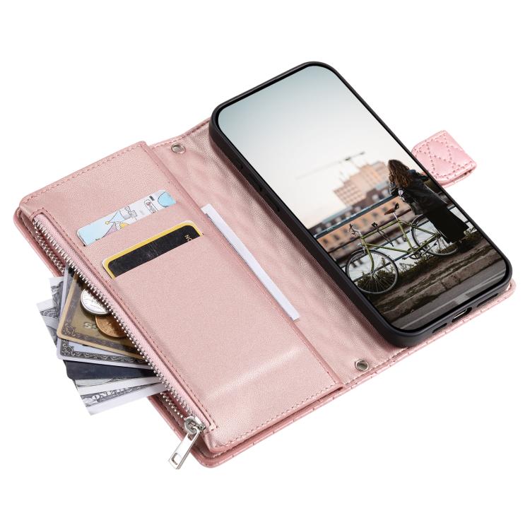 For iPhone 16e Glitter Lattice Zipper Wallet Leather Phone Case(Rose Gold)