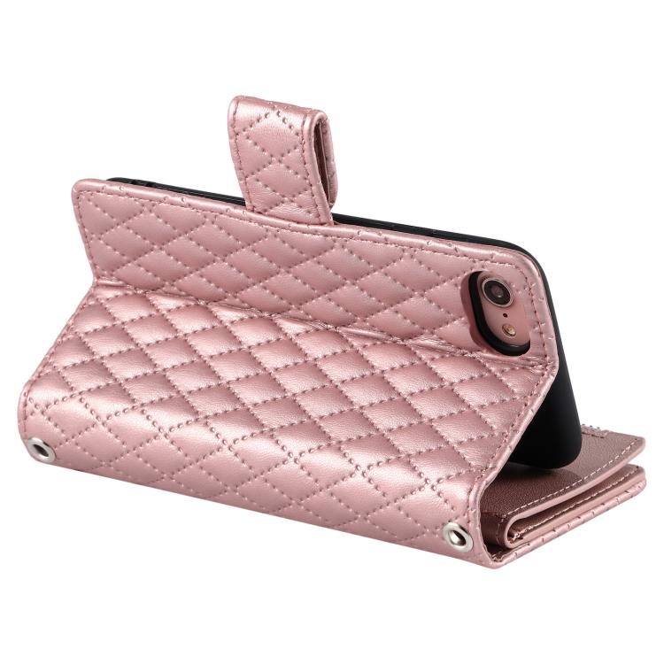 For iPhone 16e Glitter Lattice Zipper Wallet Leather Phone Case(Rose Gold)