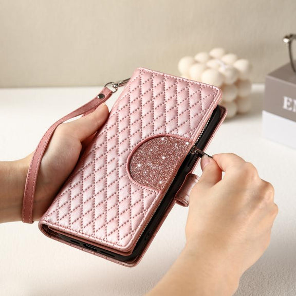 For iPhone 16e Glitter Lattice Zipper Wallet Leather Phone Case(Rose Gold)