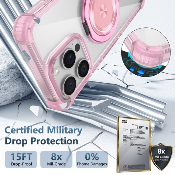 For iPhone 16 Pro Gold Shield CD Pattern MagSafe Magnetic Phone Case with Rotating Stand(Transparent Pink)