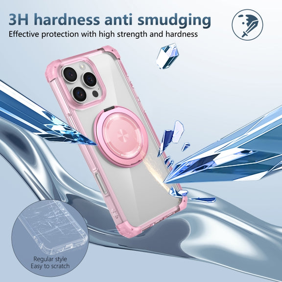For iPhone 16 Pro Gold Shield CD Pattern MagSafe Magnetic Phone Case with Rotating Stand(Transparent Pink)