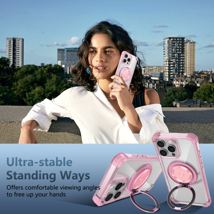 For iPhone 16 Pro Gold Shield CD Pattern MagSafe Magnetic Phone Case with Rotating Stand(Transparent Pink)