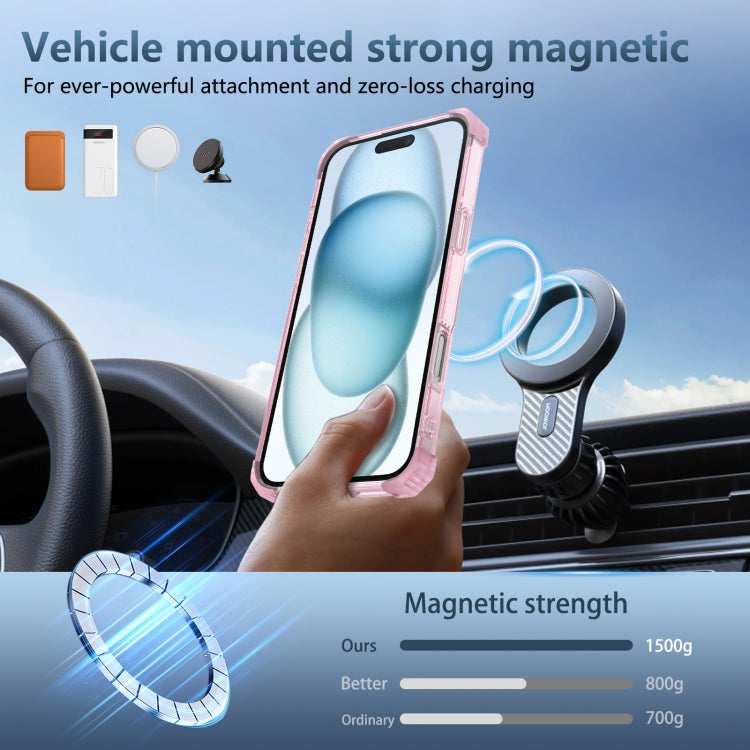 For iPhone 16 Gold Shield CD Pattern MagSafe Magnetic Phone Case with Rotating Stand(Transparent Pink)