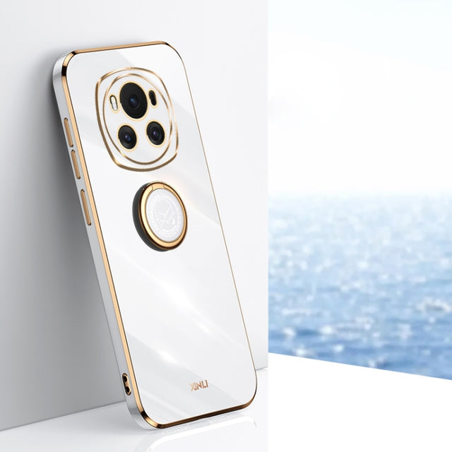 For Honor Magic6 5G XINLI Straight 6D Plating Gold Edge TPU Shockproof Case with Ring Holder(White)