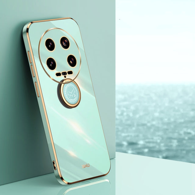 For Xiaomi 14 Ultra 5G XINLI Straight Edge 6D Electroplate TPU Phone Case with Ring Holder(Mint Green)