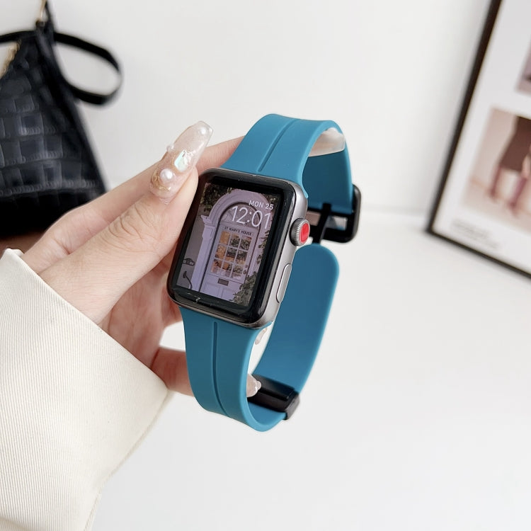 For Apple Watch 42mm Magnetic Square Buckle Silicone Watch Band(Rock Green)