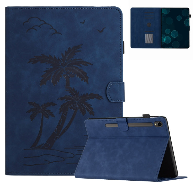For Samsung Galaxy Tab S9 FE X510/X516B Coconut Tree Embossed Smart Leather Tablet Case(Blue)