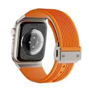 For Apple Watch SE 44mm Vertical Texture Titanium Buckle Elastic Silicone Watch Band(Orange)