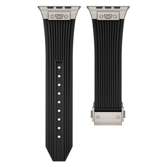 For Apple Watch Series 10 46mm Vertical Texture Titanium Buckle Elastic Silicone Watch Band(Black)