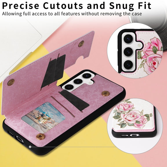 For Samsung Galaxy S25 5G Printed Double Buckle RFID Anti-theft Phone Case(Rose)
