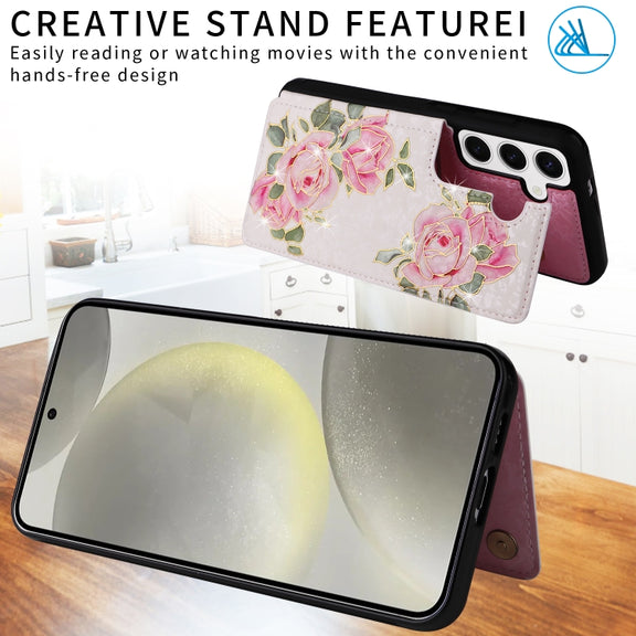 For Samsung Galaxy S25 5G Printed Double Buckle RFID Anti-theft Phone Case(Rose)