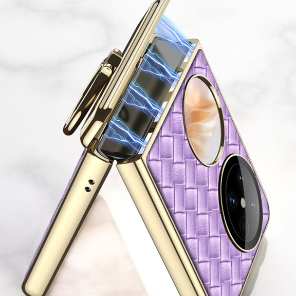 For Huawei Pocket 2 GKK Magnetic Shaft Electroplated Plain Leather Woven Texture Phone Case with Ring(Purple)