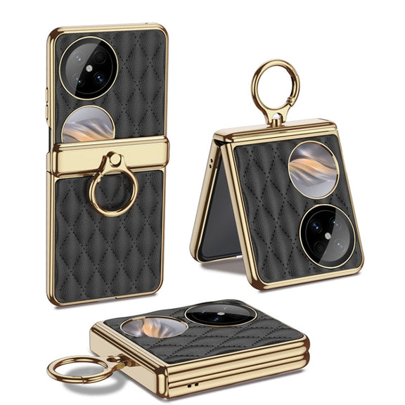 For Huawei Pocket 2 GKK Rhombus Pattern Electroplated Leather Phone Case with Ring(Black)