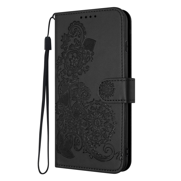 For iPhone 16e Datura Flower Embossed Flip Leather Phone Case(Black)