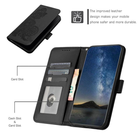 For iPhone 17 Datura Flower Embossed Flip Leather Phone Case(Black)