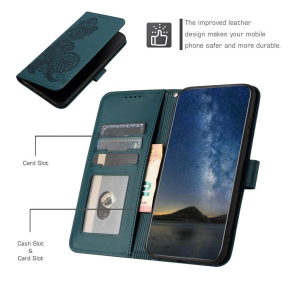 For iPhone 17 Datura Flower Embossed Flip Leather Phone Case(Dark Green)