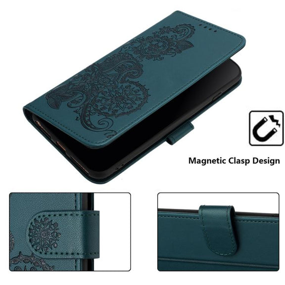 For iPhone 17 Datura Flower Embossed Flip Leather Phone Case(Dark Green)